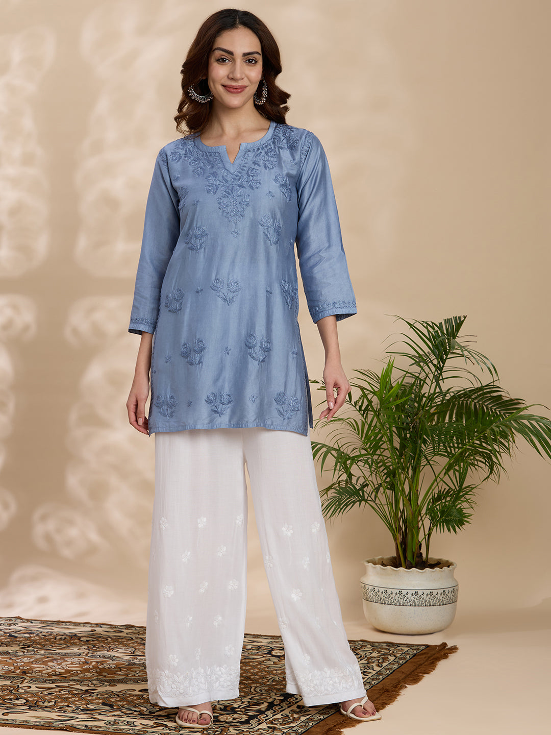 Modal Chanderi Solid Women's Short Kurta - Grey
