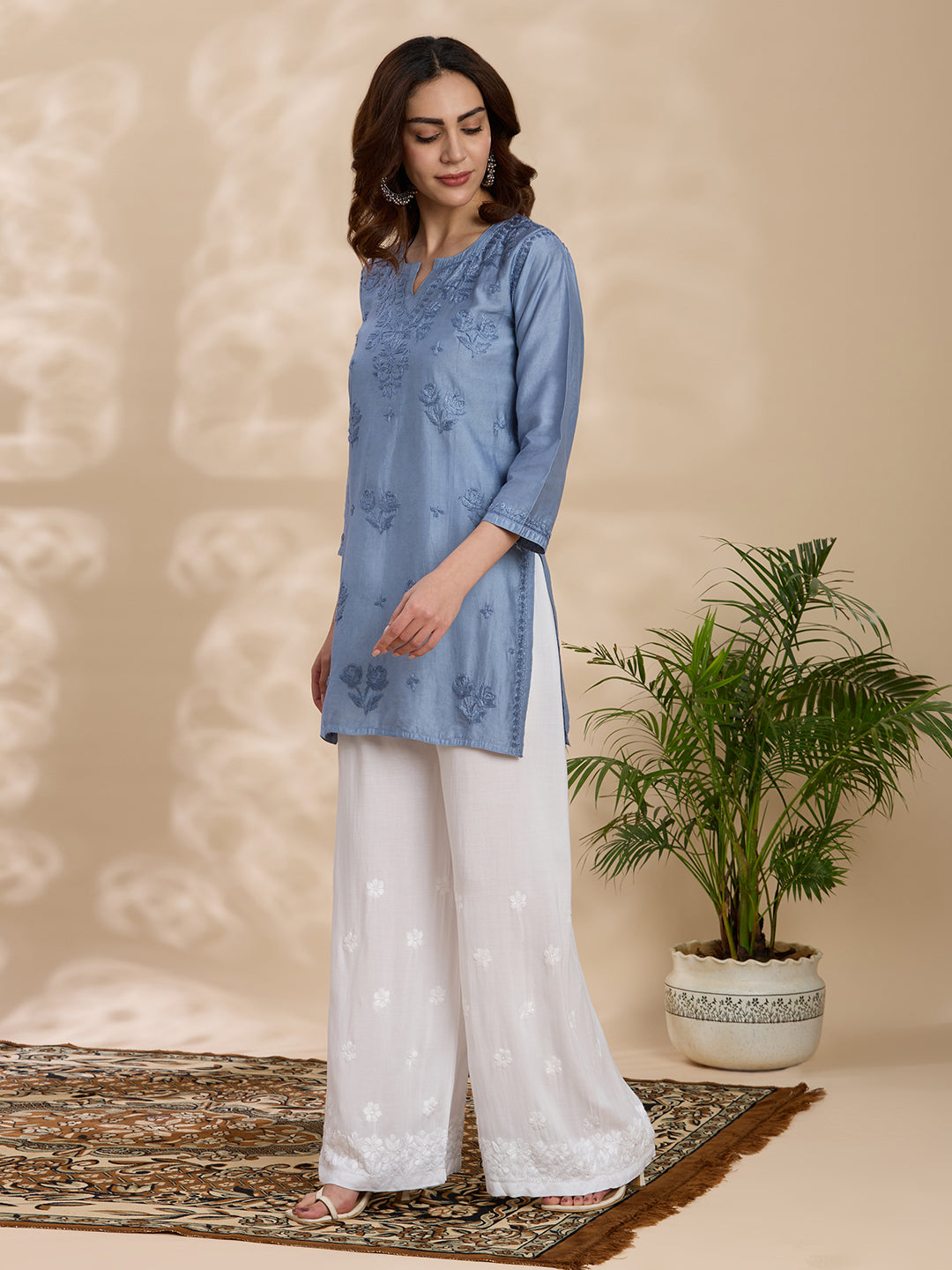 Modal Chanderi Solid Women's Short Kurta - Grey