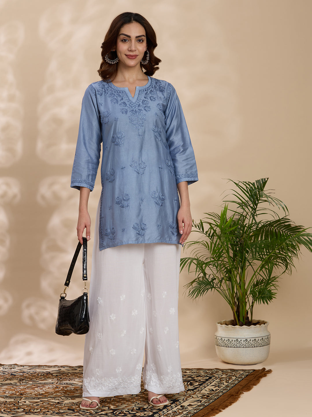 Modal Chanderi Solid Women's Short Kurta - Grey