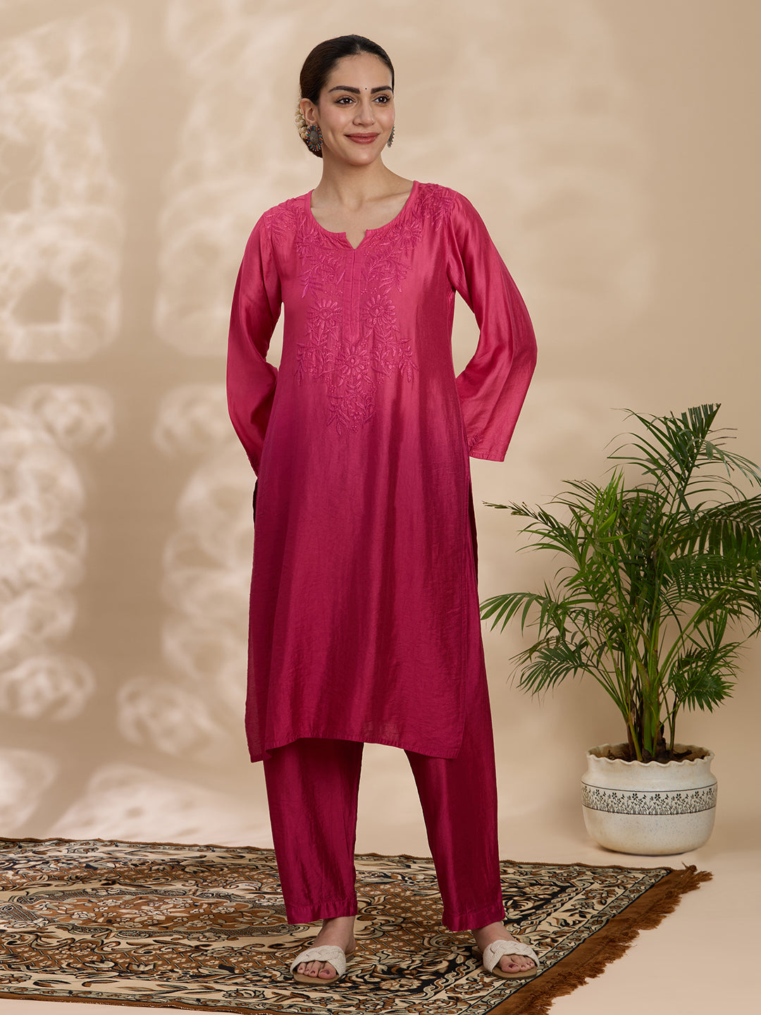 Women Wine Chanderi Chikankari Embroidered Kurta