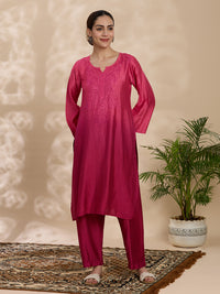 Women Wine Chanderi Chikankari Embroidered Kurta
