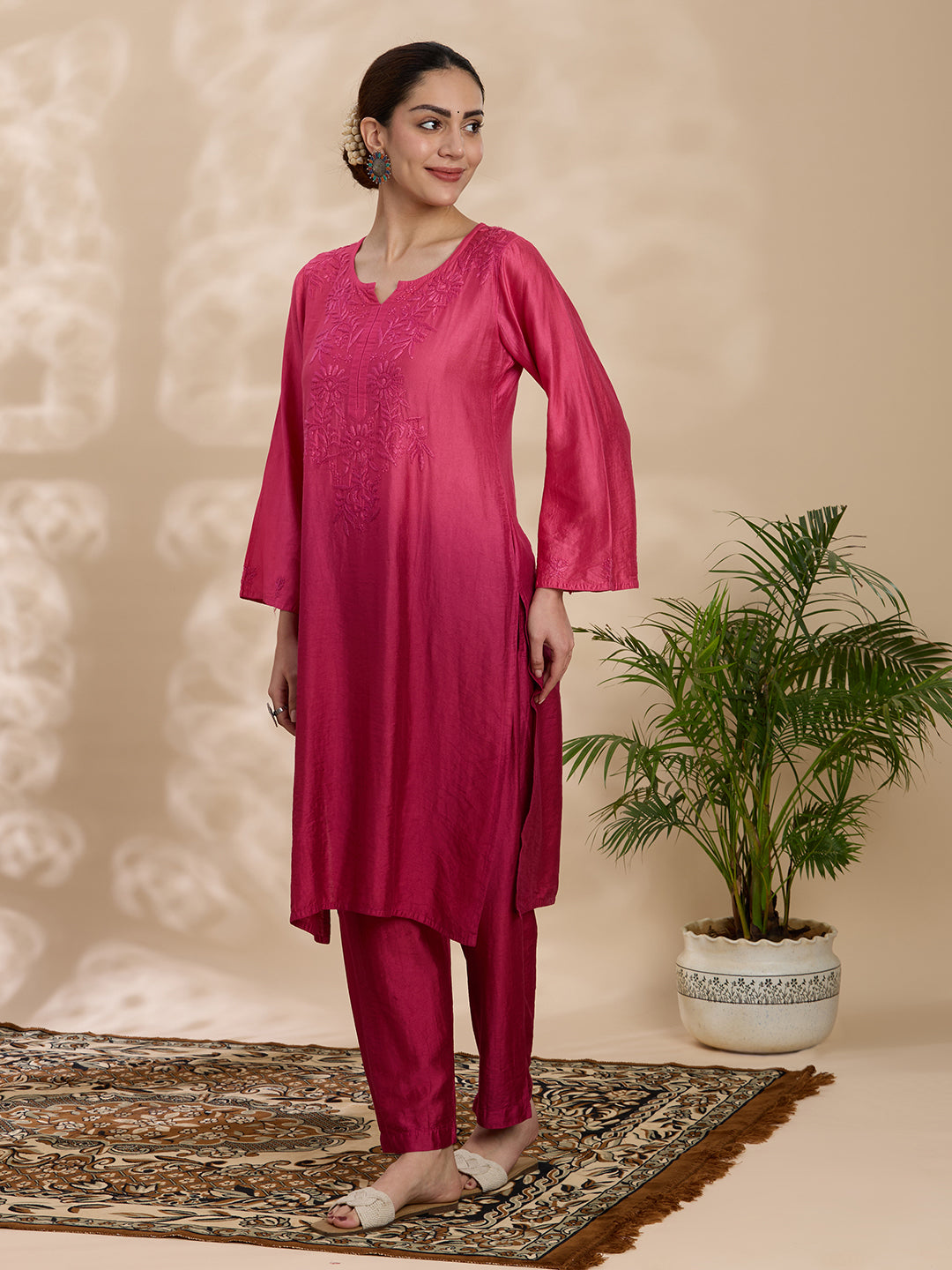 Women Wine Chanderi Chikankari Embroidered Kurta