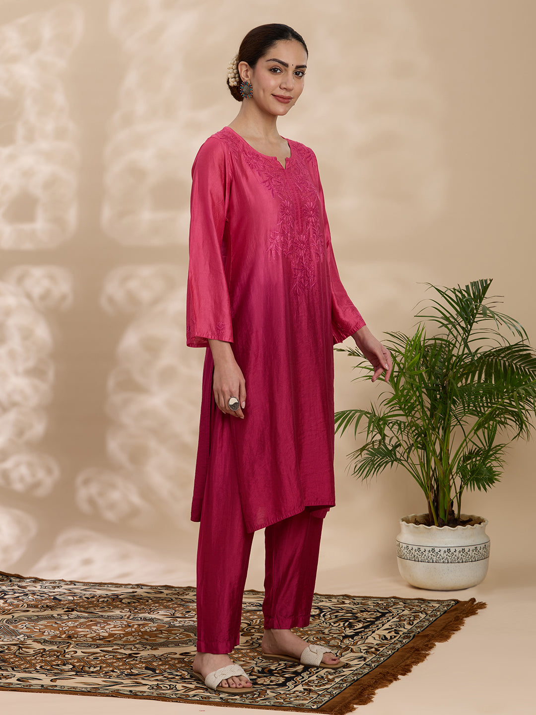 Women Wine Chanderi Chikankari Embroidered Kurta