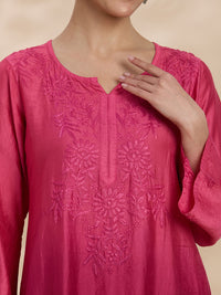 Women Wine Chanderi Chikankari Embroidered Kurta