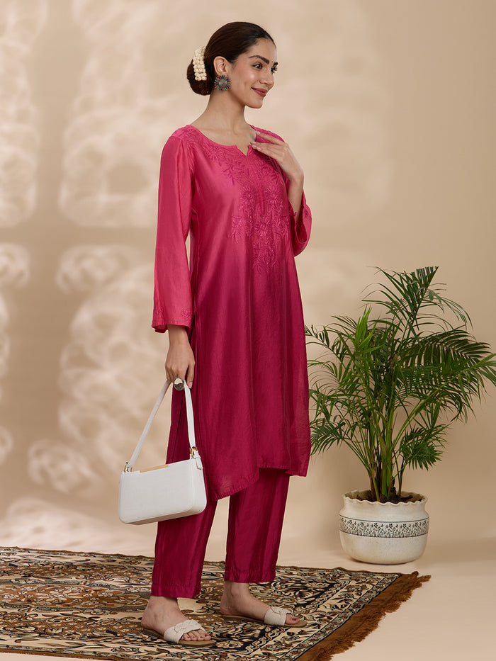 Women Wine Chanderi Chikankari Embroidered Kurta