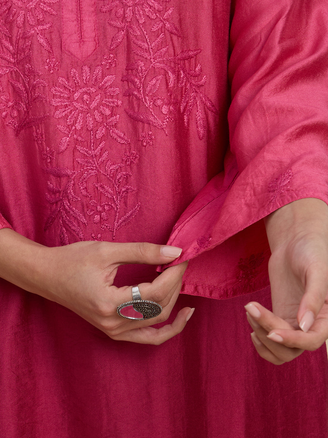 Women Wine Chanderi Chikankari Embroidered Kurta