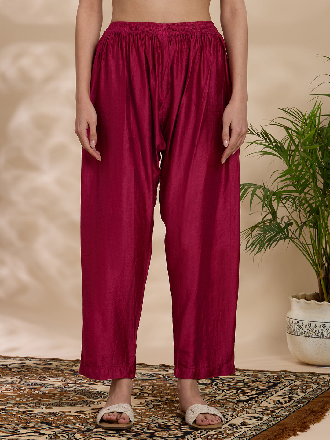 Women Wine Chanderi Chikankari Embroidered Kurta