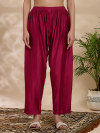 Women Wine Chanderi Chikankari Embroidered Kurta
