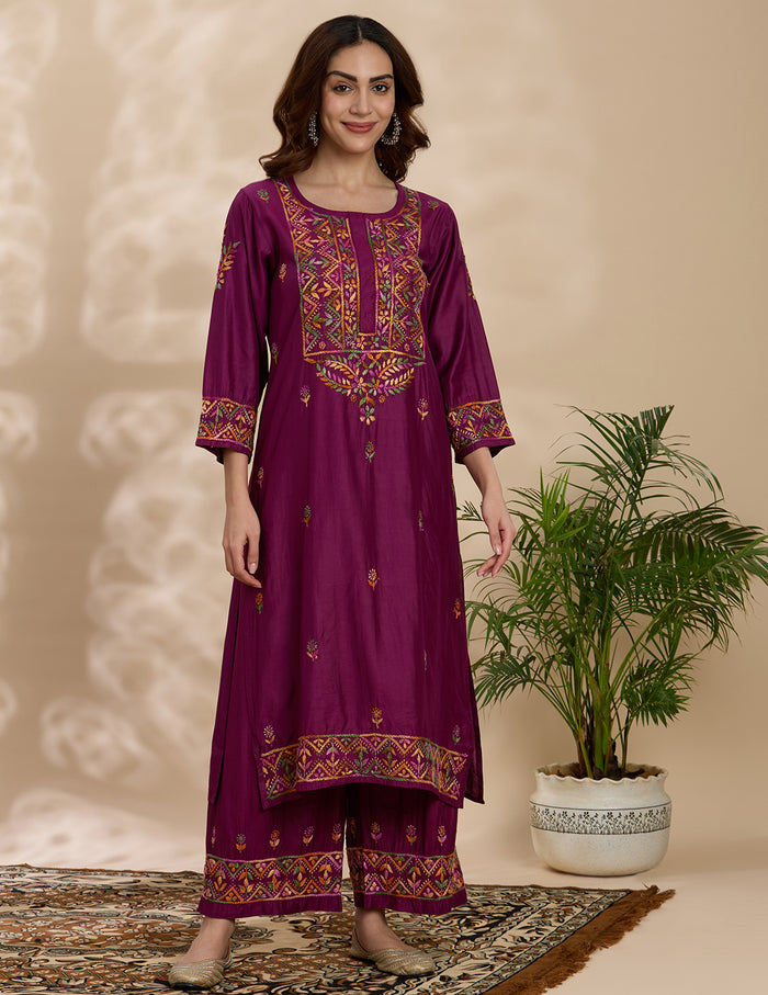 Chikankari Chanderi Women's  Straight Kurta Set - Purple