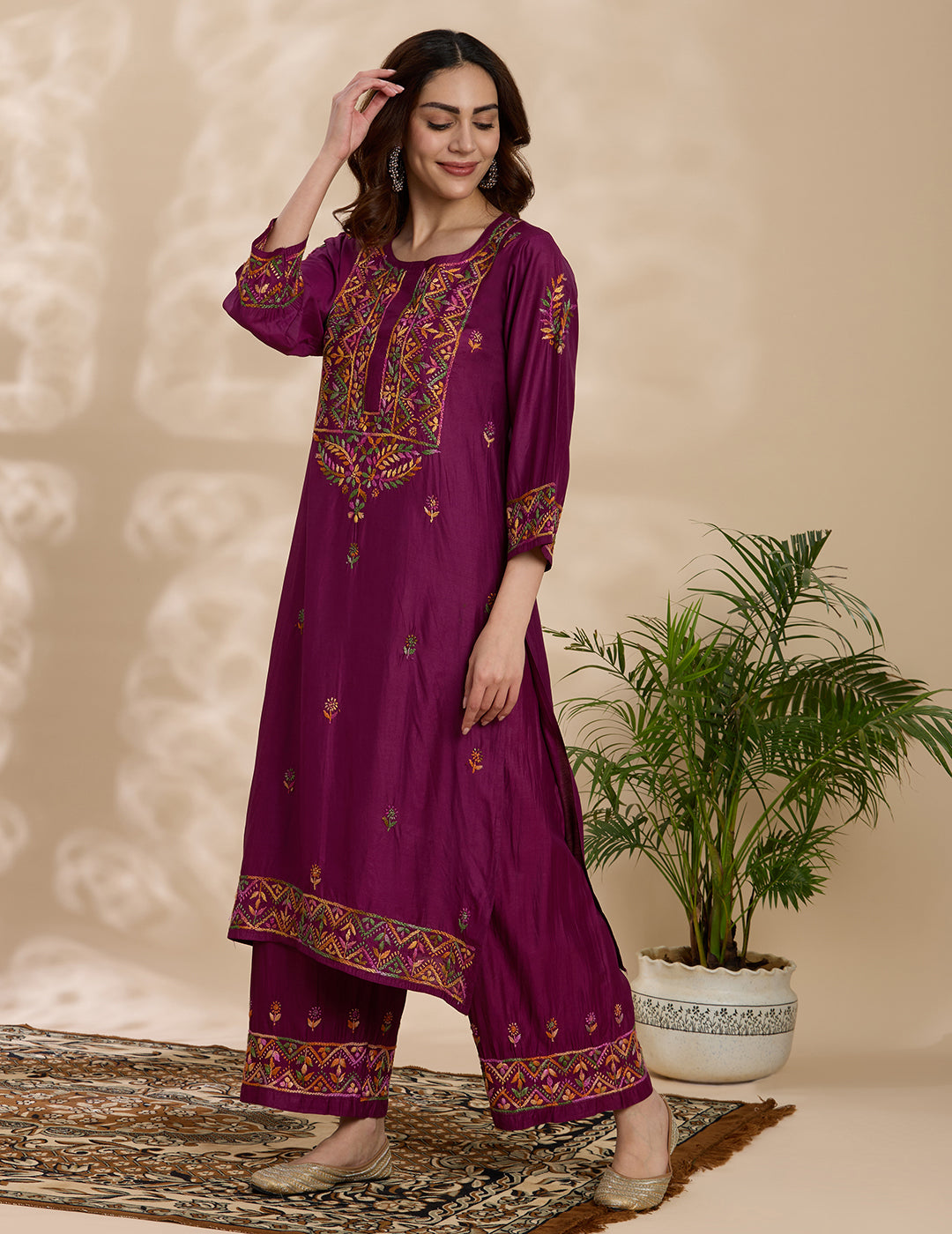 Chikankari Chanderi Women's  Straight Kurta Set - Purple