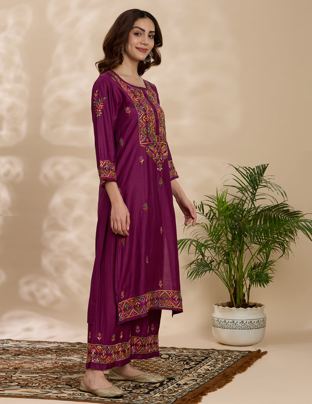 Chikankari Chanderi Women's  Straight Kurta Set - Purple