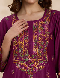 Chikankari Chanderi Women's  Straight Kurta Set - Purple