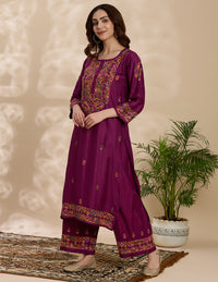 Chikankari Chanderi Women's  Straight Kurta Set - Purple