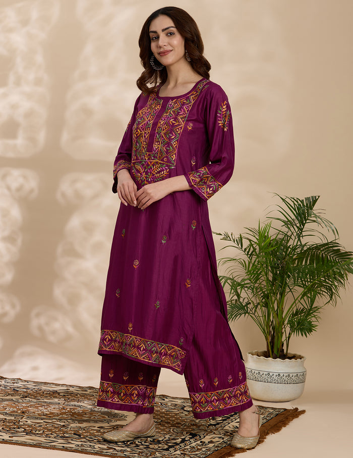 Chikankari Chanderi Women's  Straight Kurta Set - Purple