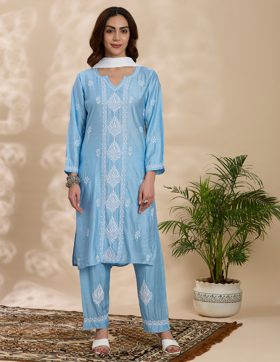 Floral Embroidered Chikankari Kurta with Trouser & Dupatta - Blue