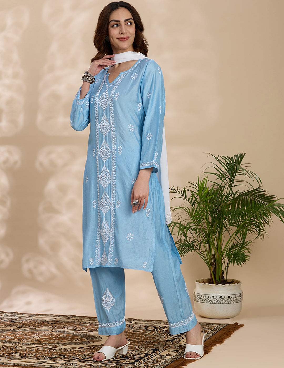 Floral Embroidered Chikankari Kurta with Trouser & Dupatta - Blue