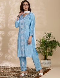 Floral Embroidered Chikankari Kurta with Trouser & Dupatta - Blue