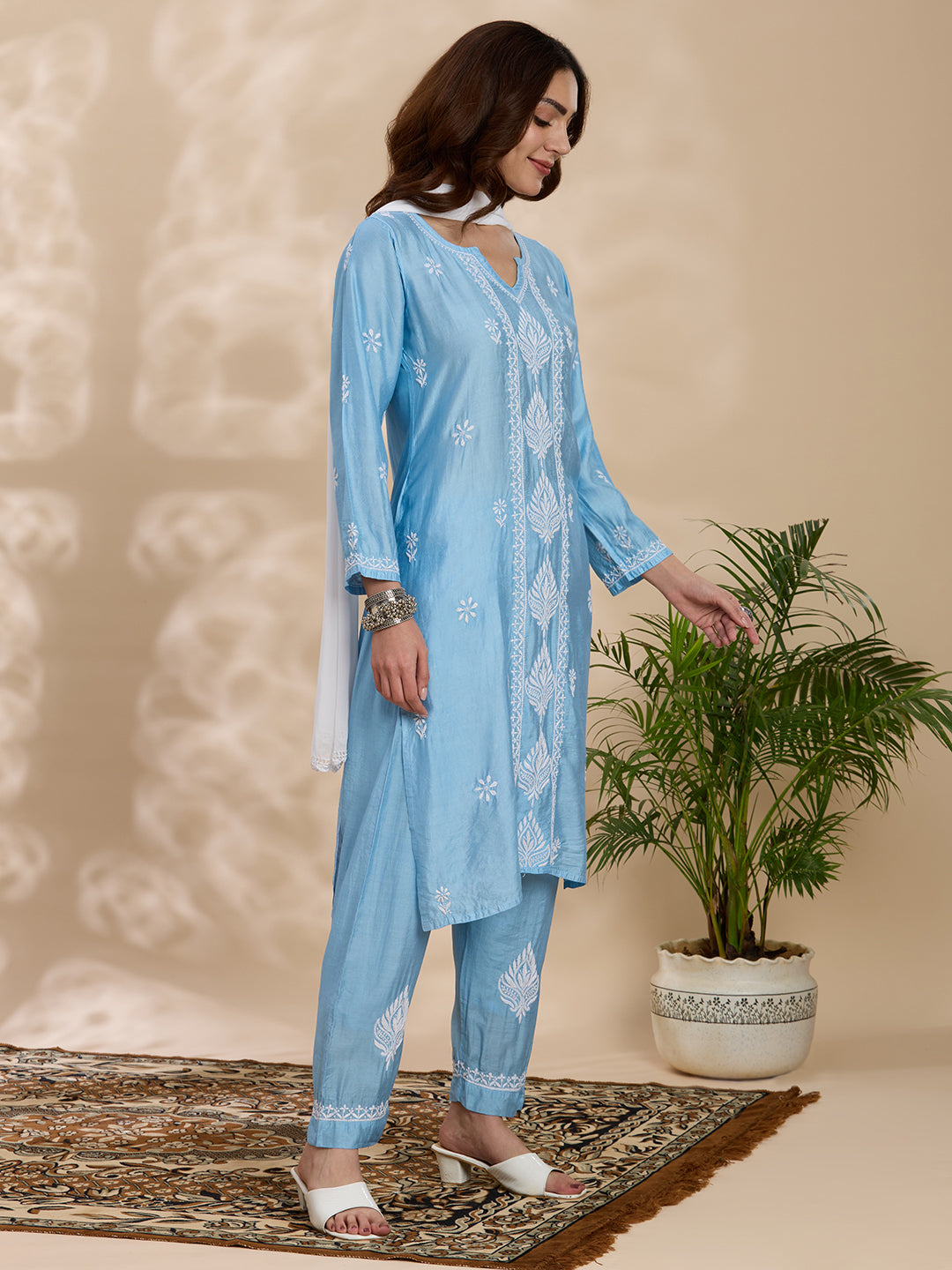 Floral Embroidered Chikankari Kurta with Trouser & Dupatta - Blue