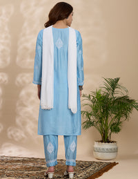 Floral Embroidered Chikankari Kurta with Trouser & Dupatta - Blue
