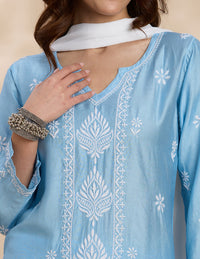 Floral Embroidered Chikankari Kurta with Trouser & Dupatta - Blue