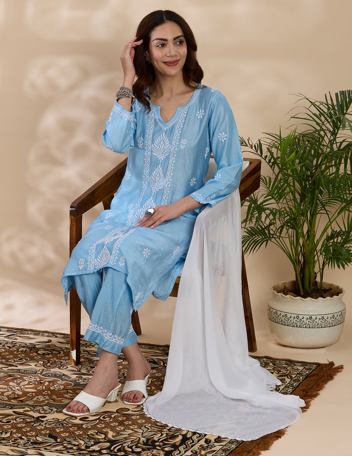 Floral Embroidered Chikankari Kurta with Trouser & Dupatta - Blue