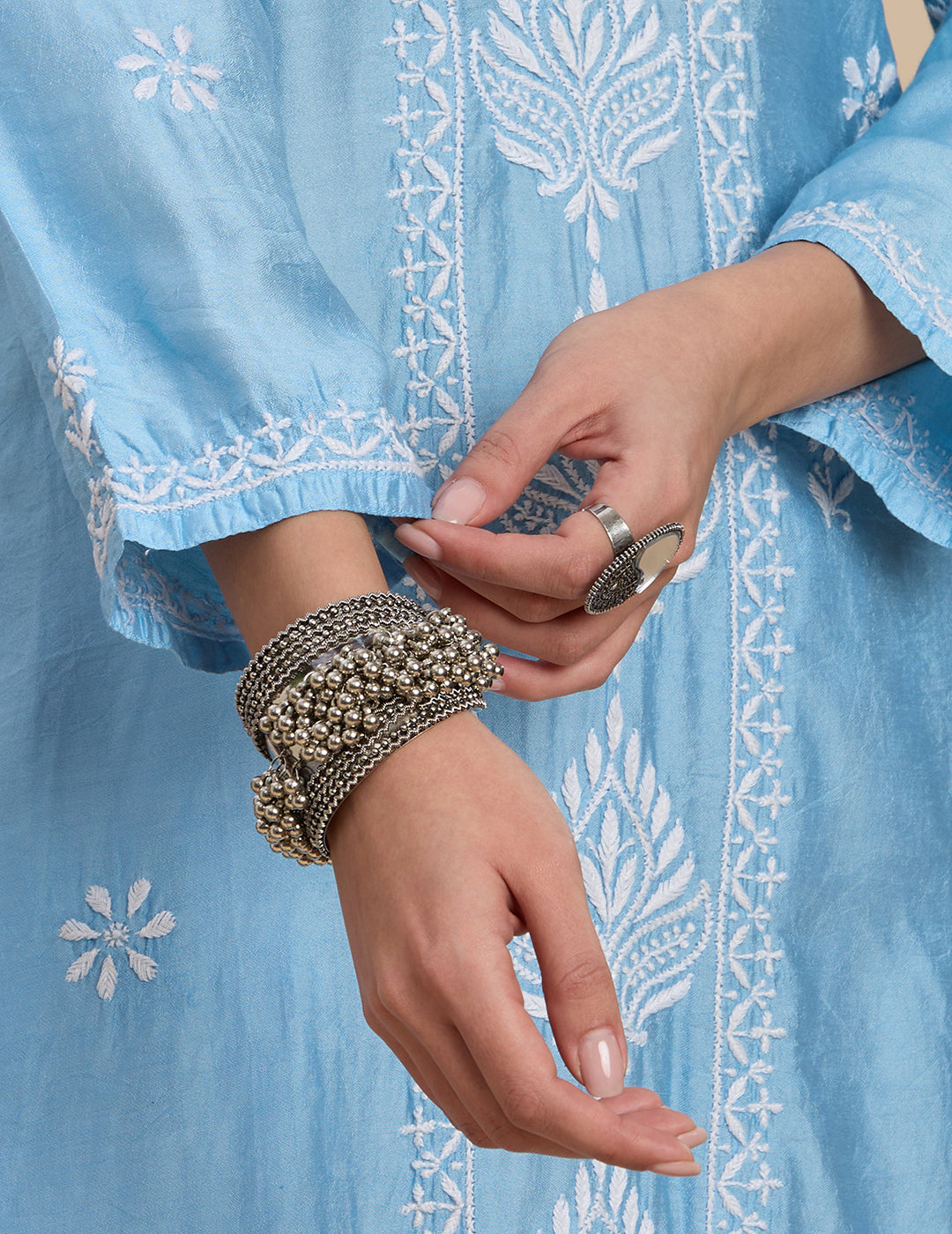 Floral Embroidered Chikankari Kurta with Trouser & Dupatta - Blue