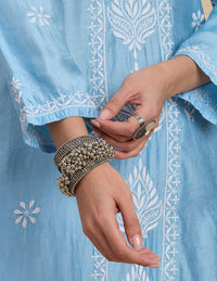 Floral Embroidered Chikankari Kurta with Trouser & Dupatta - Blue