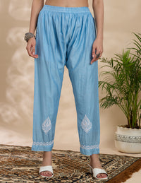 Floral Embroidered Chikankari Kurta with Trouser & Dupatta - Blue